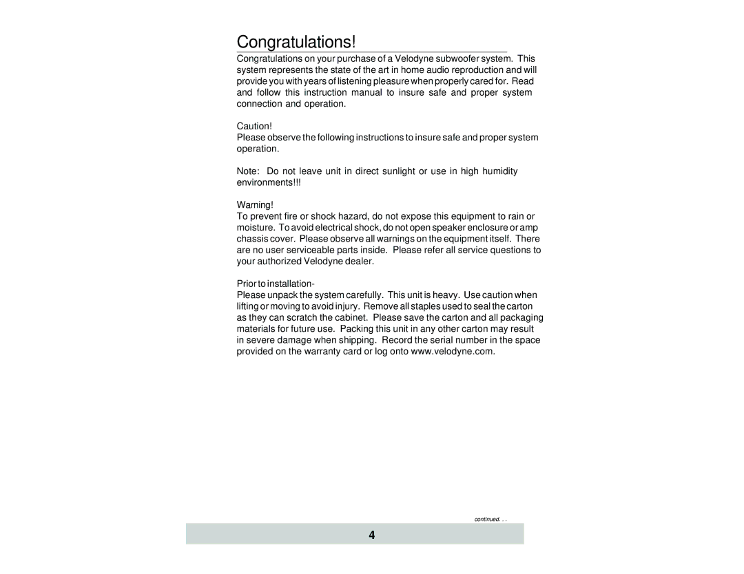 Velodyne Acoustics and SPL-1200, SPL-800, SPL-1000 owner manual Congratulations 