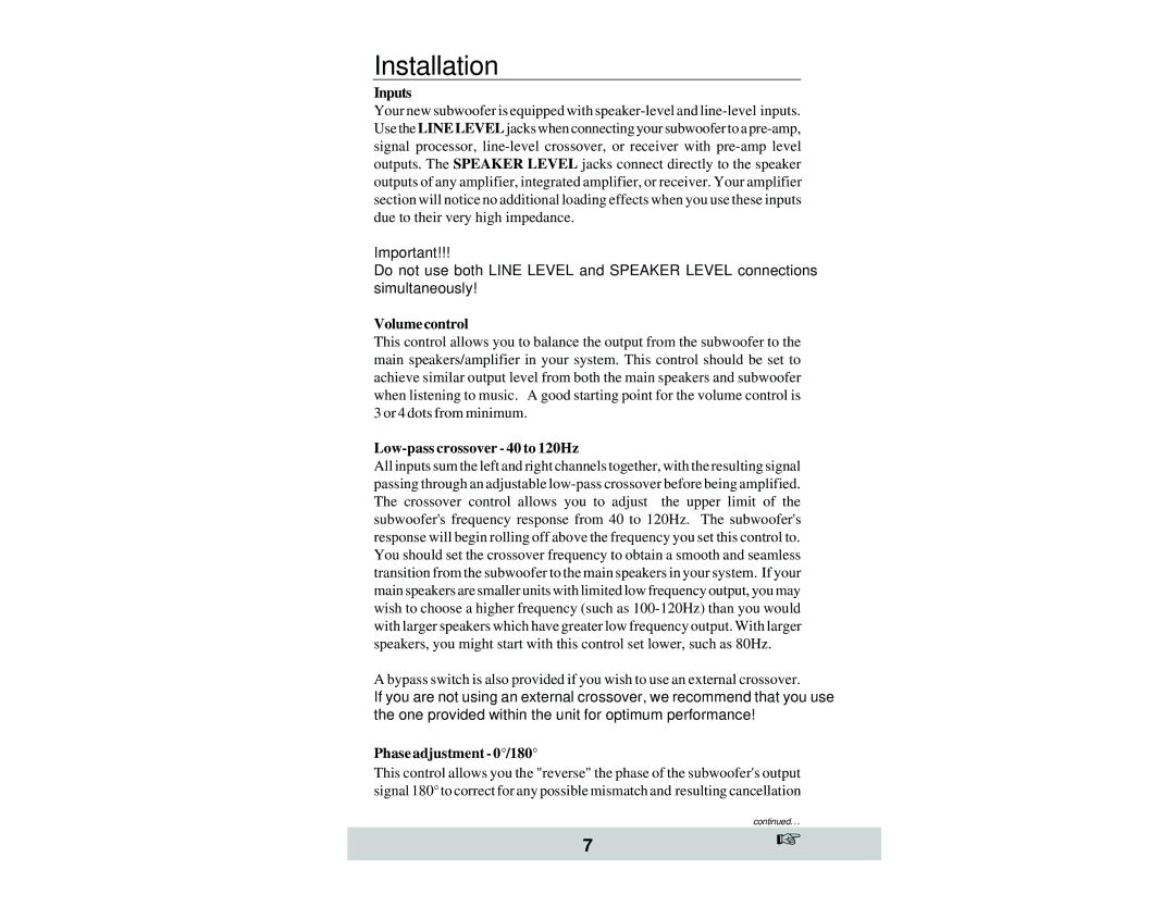 Velodyne Acoustics and SPL-1200, SPL-800, SPL-1000 owner manual Installation, Inputs 