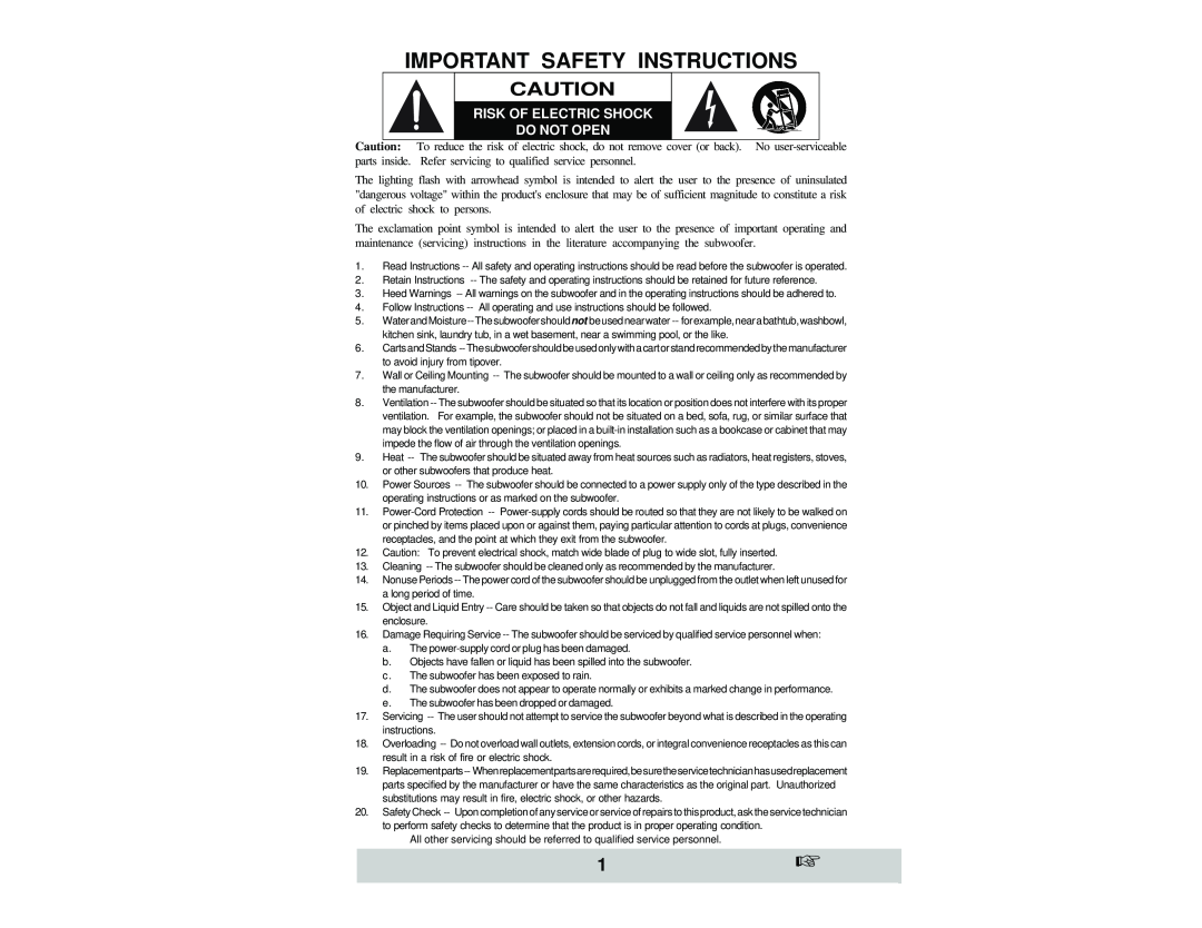 Velodyne Acoustics and SPL-1200, SPL-800, SPL-1000 Important Safety Instructions, Risk Of Electric Shock Do Not Open 