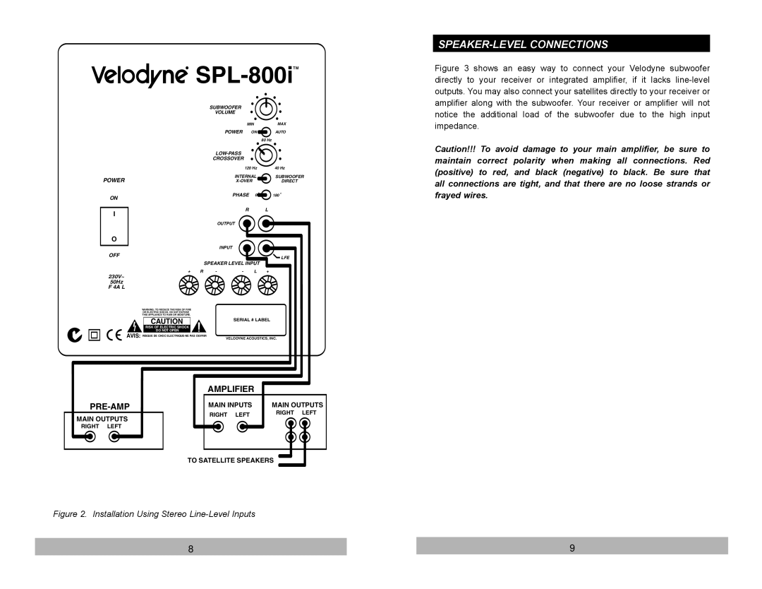 Velodyne Acoustics SPL-800i user manual SPEAKER-LEVEL Connections, Installation Using Stereo Line-Level Inputs 