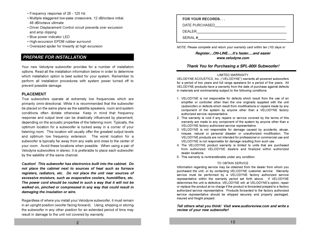 Velodyne Acoustics SPL-800i user manual Prepare for Installation, Placement 