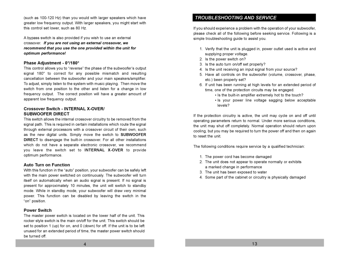 Velodyne Acoustics SPL-800i user manual Troubleshooting and Service, Subwoofer Direct 