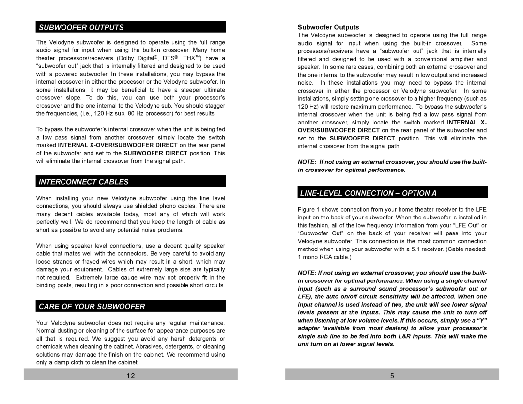 Velodyne Acoustics SPL-800i Subwoofer Outputs, Interconnect Cables, Care of Your Subwoofer, LINE-LEVEL Connection Option a 