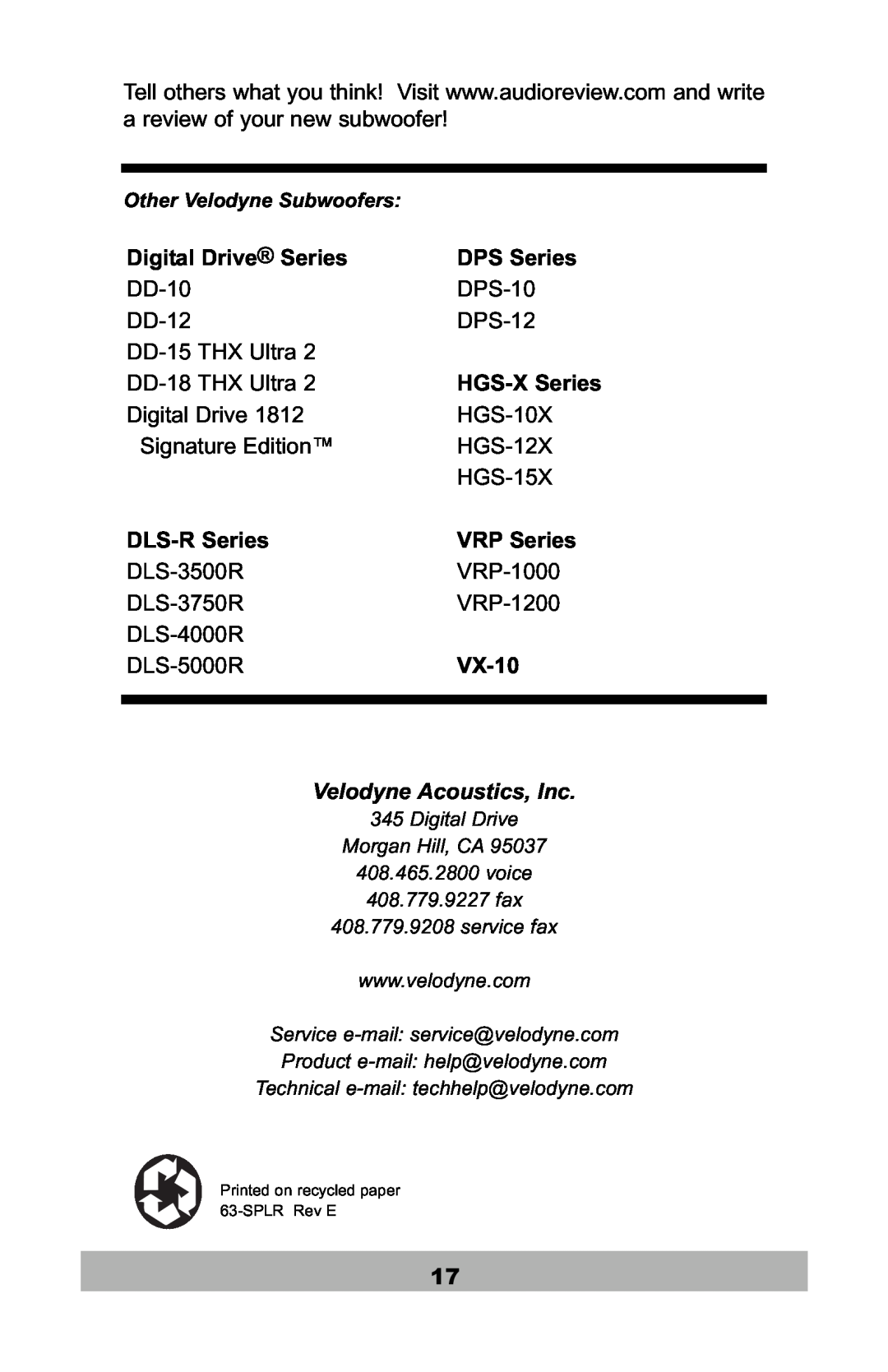 Velodyne Acoustics SPL-1000R, SPL-800R Digital Drive Series, DPS Series DPS-10 DPS-12, HGS-XSeries HGS-10X HGS-12X HGS-15X 