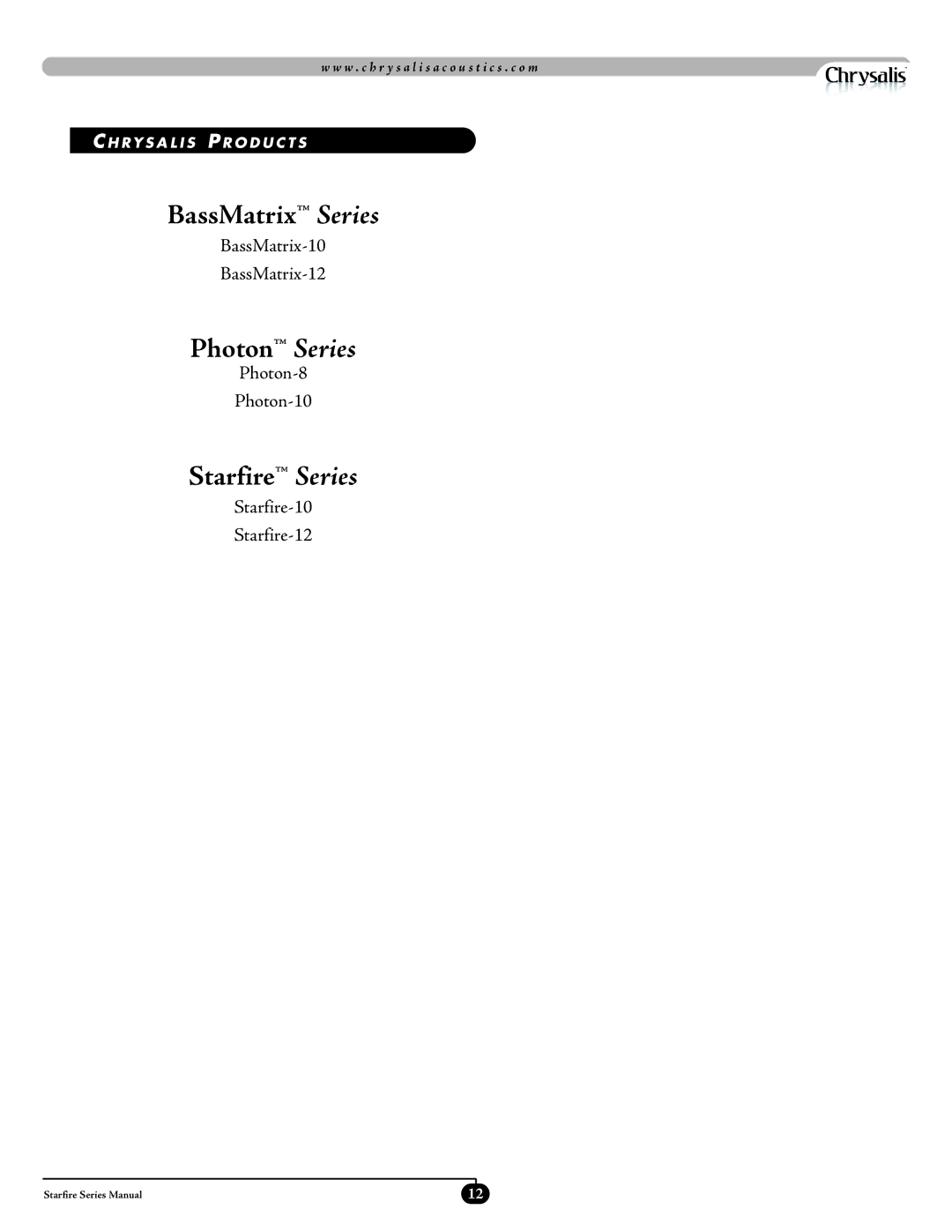 Velodyne Acoustics STARFIRE-10, STARFIRE-12 manual BassMatrix Series 