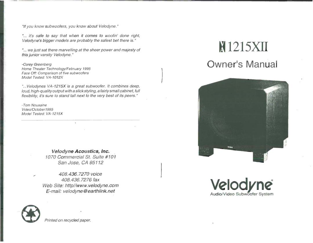 Velodyne Acoustics VA- 12 15X owner manual Velodyne Acoustics, Inc, Aud iolVideo Su bwoofer Sys tem 