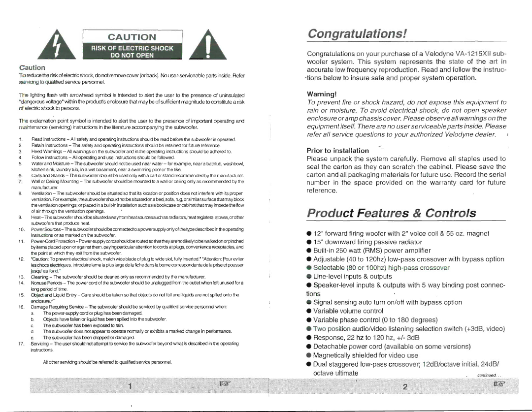 Velodyne Acoustics VA- 12 15X owner manual Congratulations, Product Features & Controls, Aution 