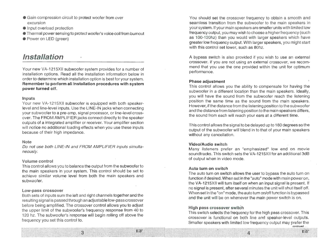 Velodyne Acoustics VA- 12 15X owner manual Installation 