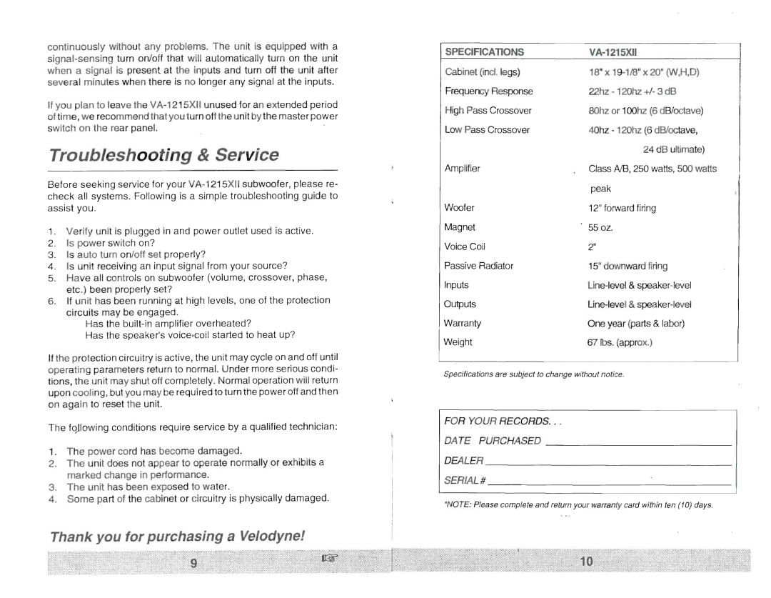 Velodyne Acoustics VA- 12 15X owner manual Troubleshooting & Service, SPECIFICATIONSVA-1215XII 