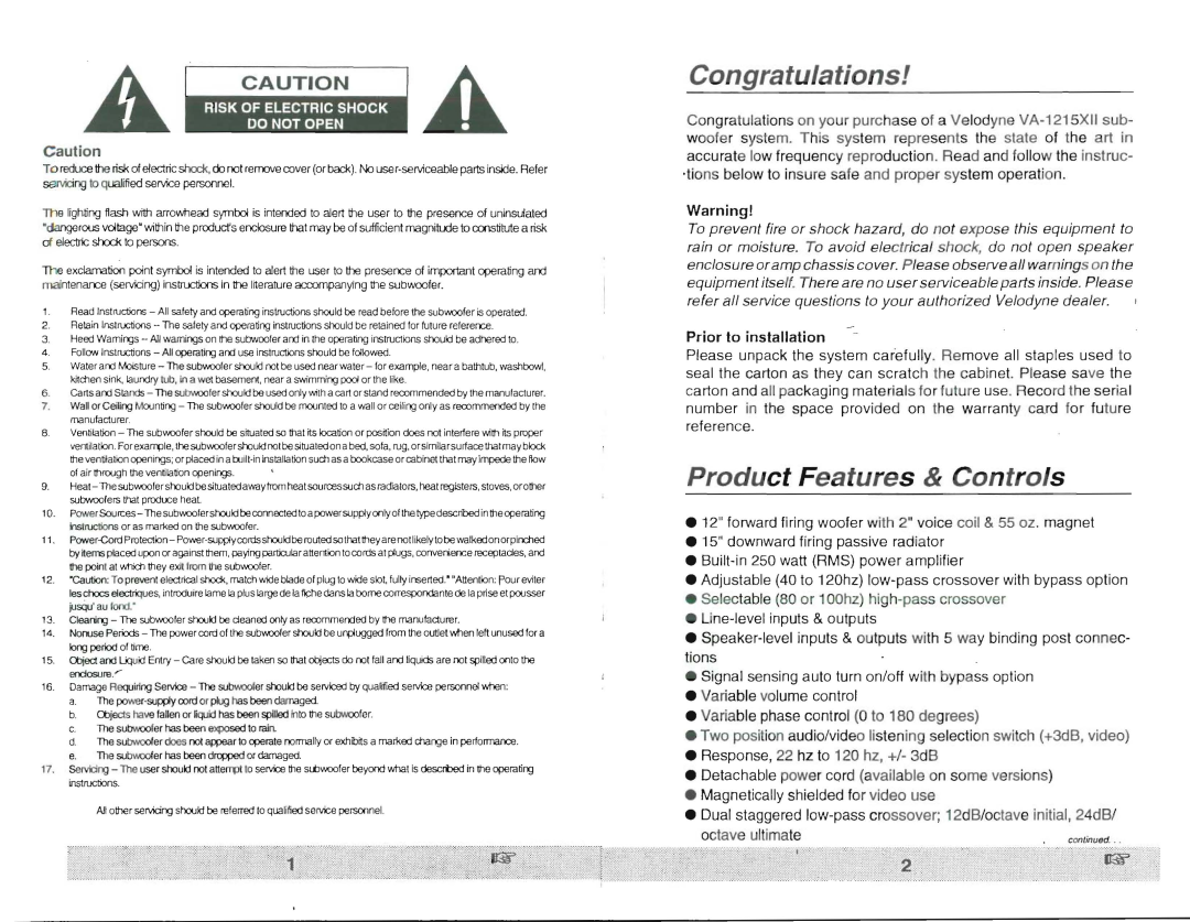 Velodyne Acoustics VA- 12 15X owner manual Congratulations, Product Features & Controls, ~ .... ~ 
