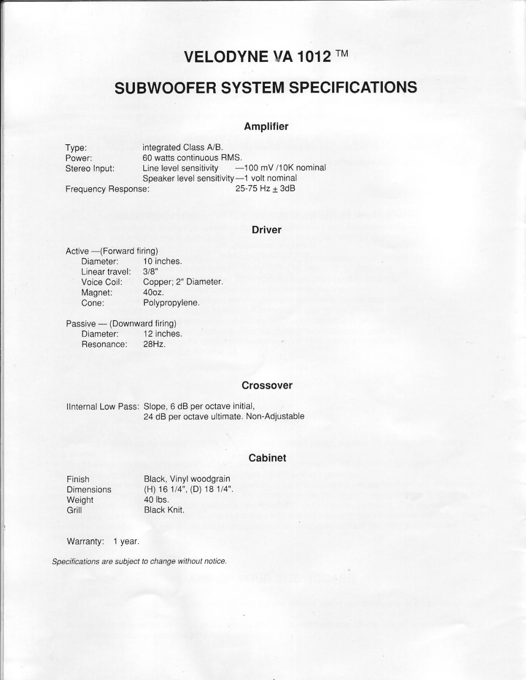 Velodyne Acoustics VA 1012 manual 