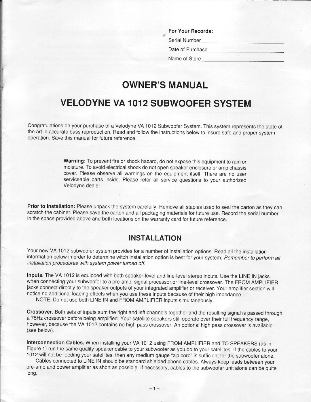 Velodyne Acoustics VA 1012 manual 