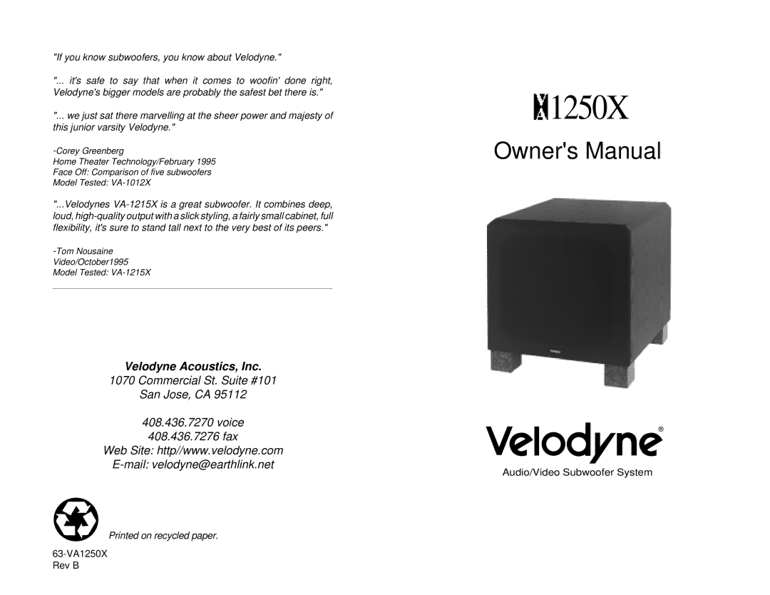 Velodyne Acoustics VA-1250X owner manual 