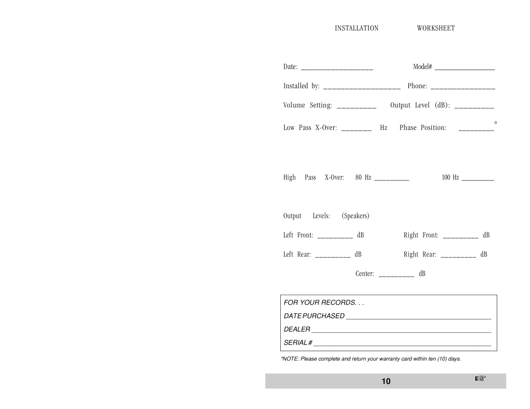 Velodyne Acoustics VA-1250X owner manual Installationworksheet 