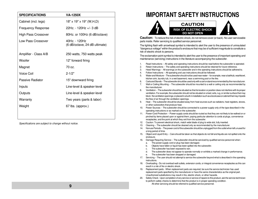 Velodyne Acoustics VA-1250X owner manual Important Safety Instructions, Risk of Electric Shock Do not Open 