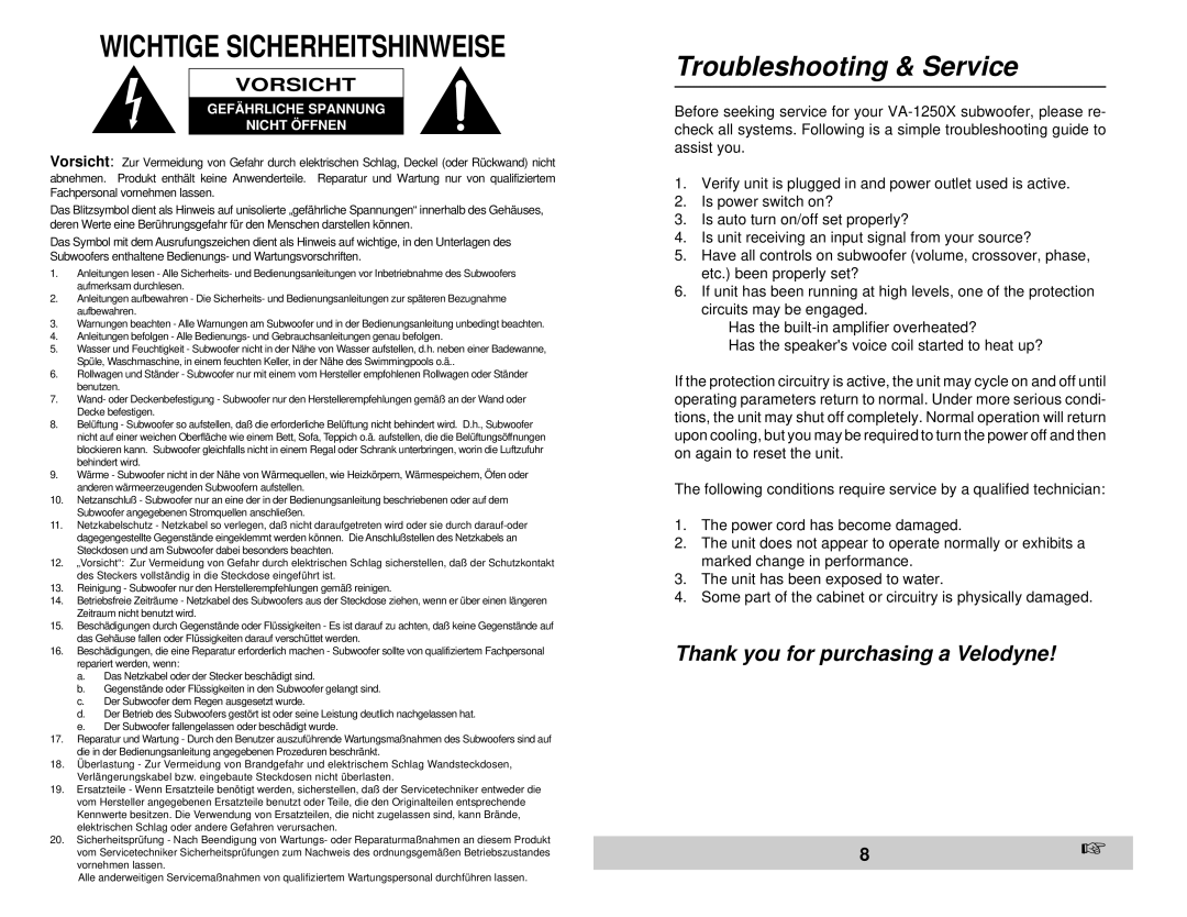 Velodyne Acoustics VA-1250X Wichtige Sicherheitshinweise, Troubleshooting & Service, Gefährliche Spannung Nicht Öffnen 