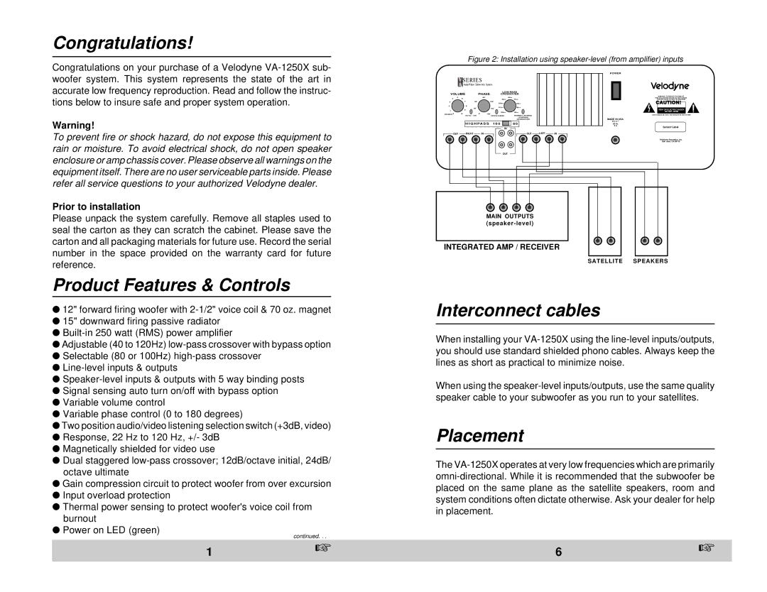 Velodyne Acoustics VA-1250X owner manual Congratulations, Product Features & Controls, Interconnect cables, Placement 