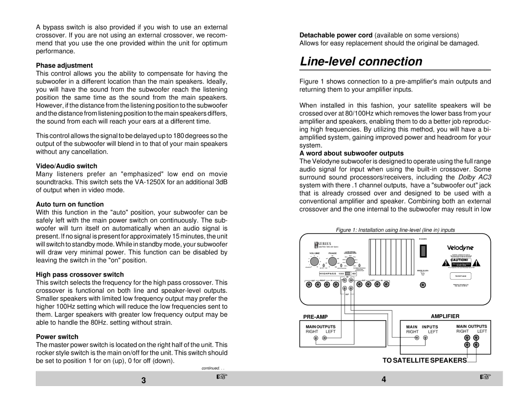 Velodyne Acoustics VA-1250X owner manual Line-level connection 