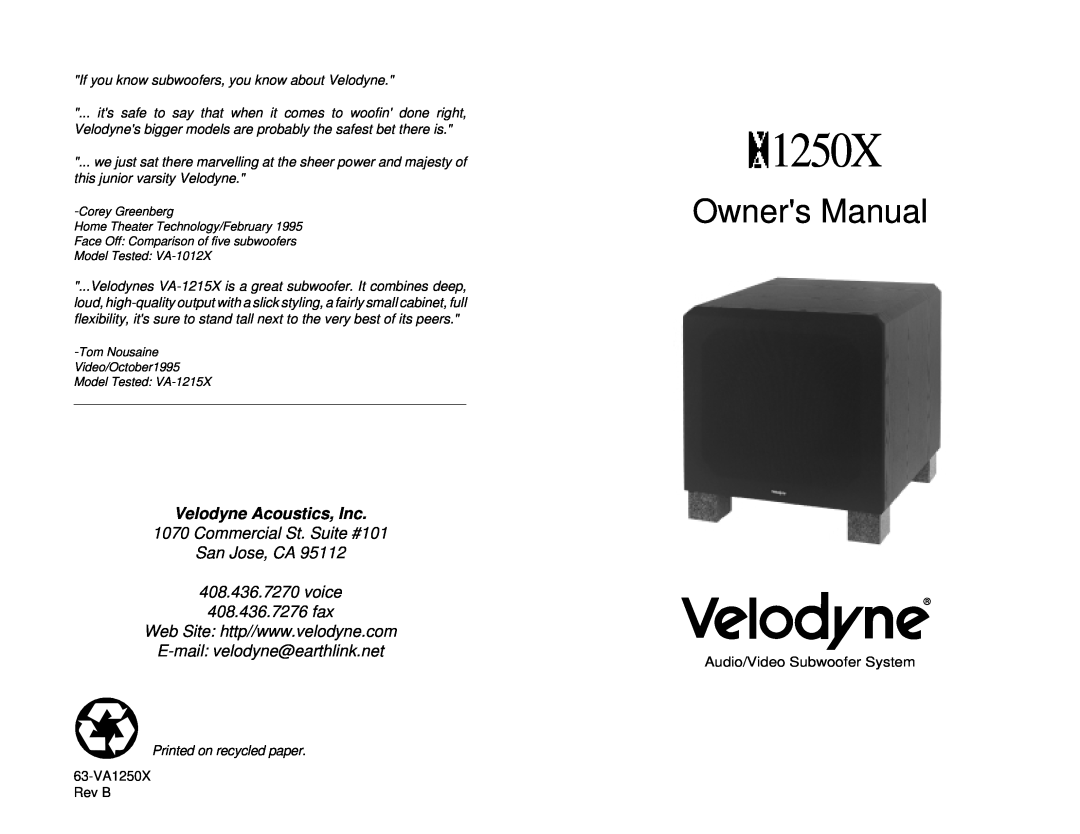 Velodyne Acoustics VA-1250X owner manual Velodyne Acoustics, Inc, Commercial St. Suite #101 San Jose, CA 