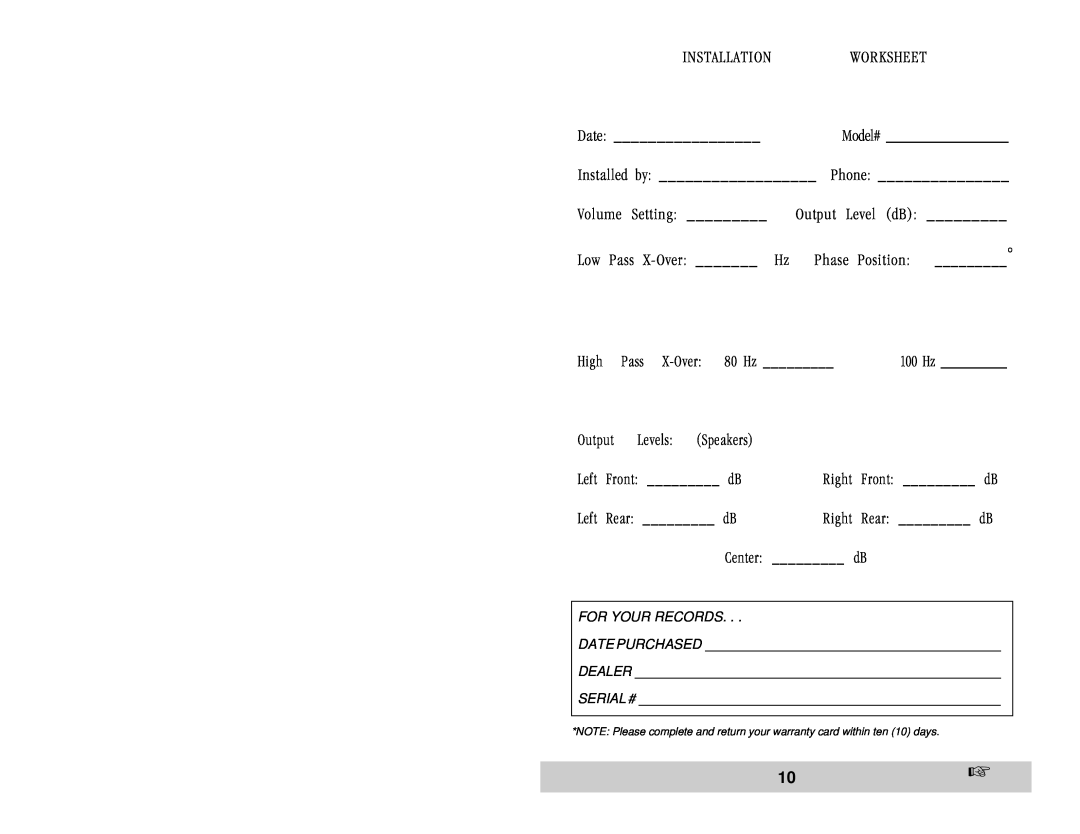 Velodyne Acoustics VA-1250X owner manual Installationworksheet 