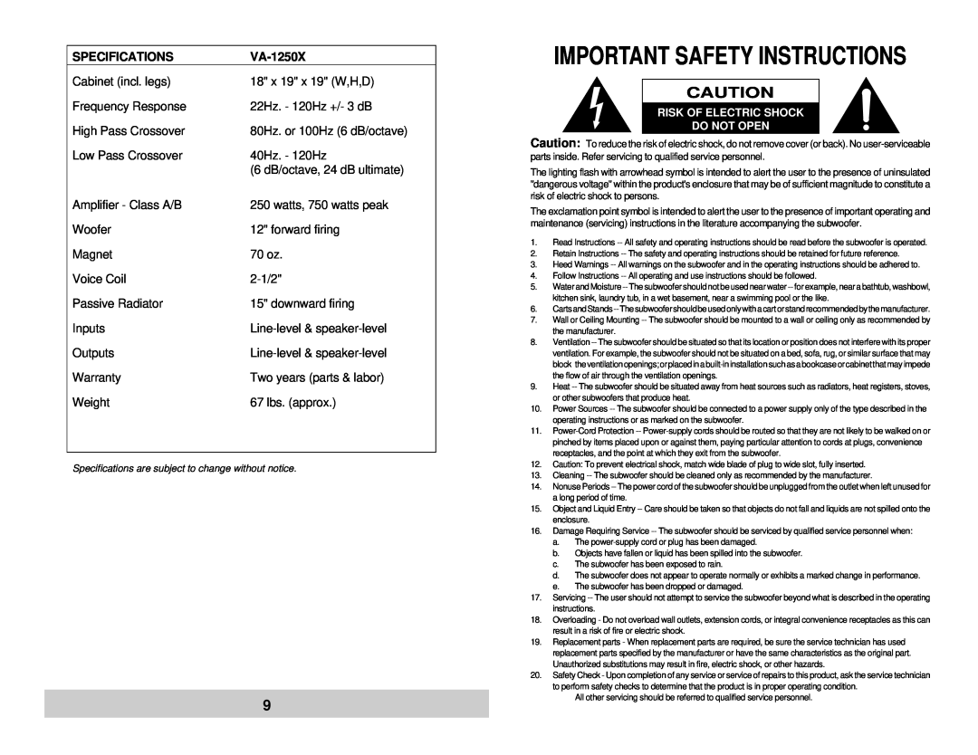Velodyne Acoustics VA-1250X owner manual Important Safety Instructions, Specifications 