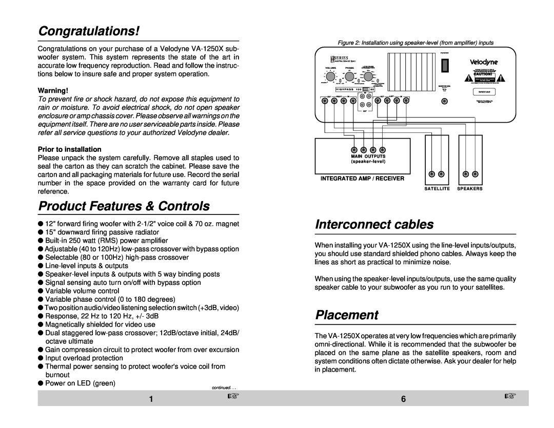 Velodyne Acoustics VA-1250X owner manual Congratulations, Product Features & Controls, Interconnect cables, Placement 