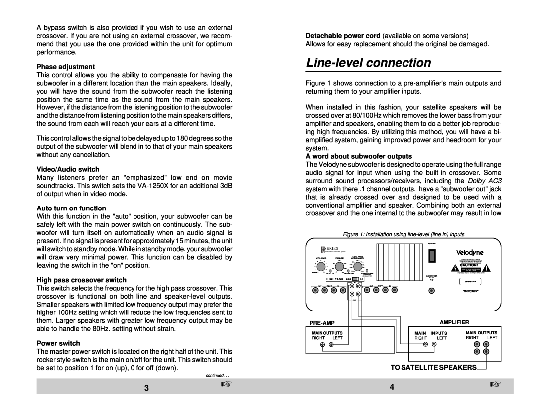 Velodyne Acoustics VA-1250X owner manual Line-levelconnection, Phase adjustment, Video/Audio switch, Auto turn on function 