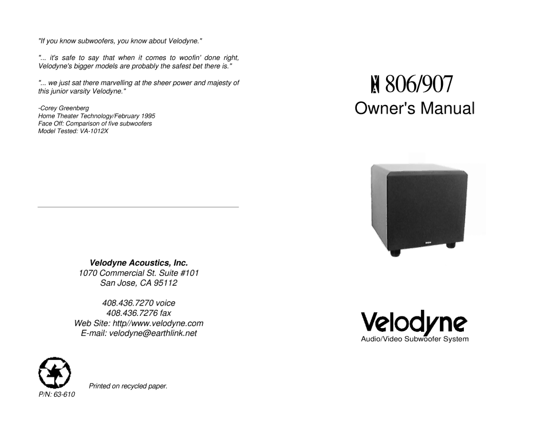 Velodyne Acoustics VA-806/907 owner manual 