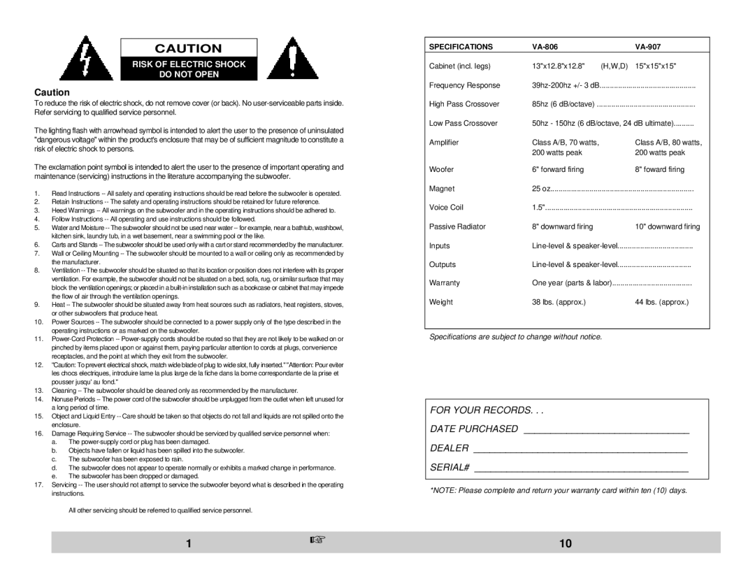 Velodyne Acoustics VA-806/907 owner manual For Your Records 