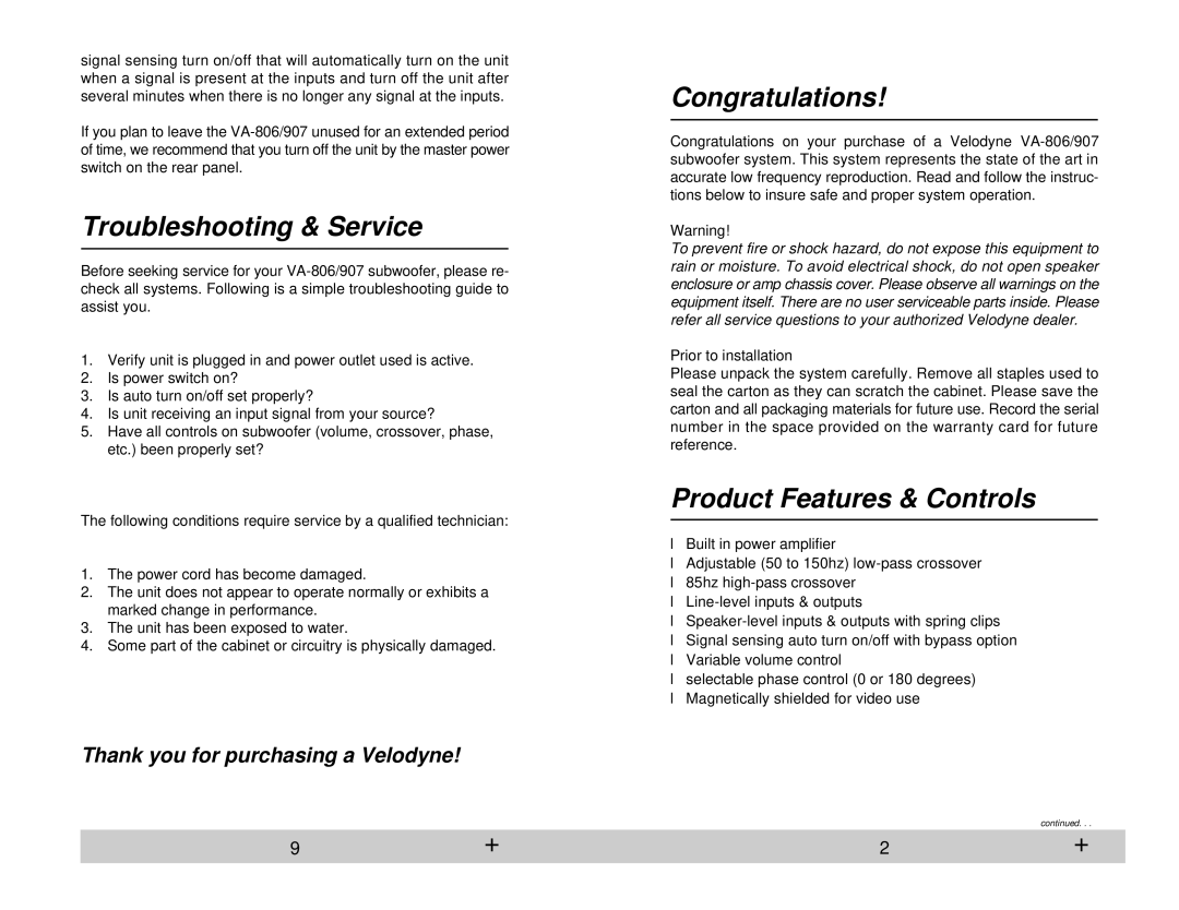 Velodyne Acoustics VA-806/907 owner manual Troubleshooting & Service, Congratulations, Product Features & Controls 