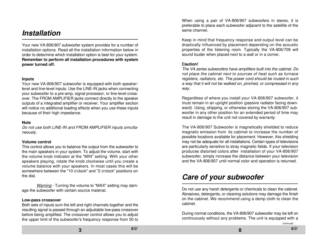 Velodyne Acoustics VA-806/907 owner manual Installation, Care of your subwoofer, Volume control, Low-pass crossover 