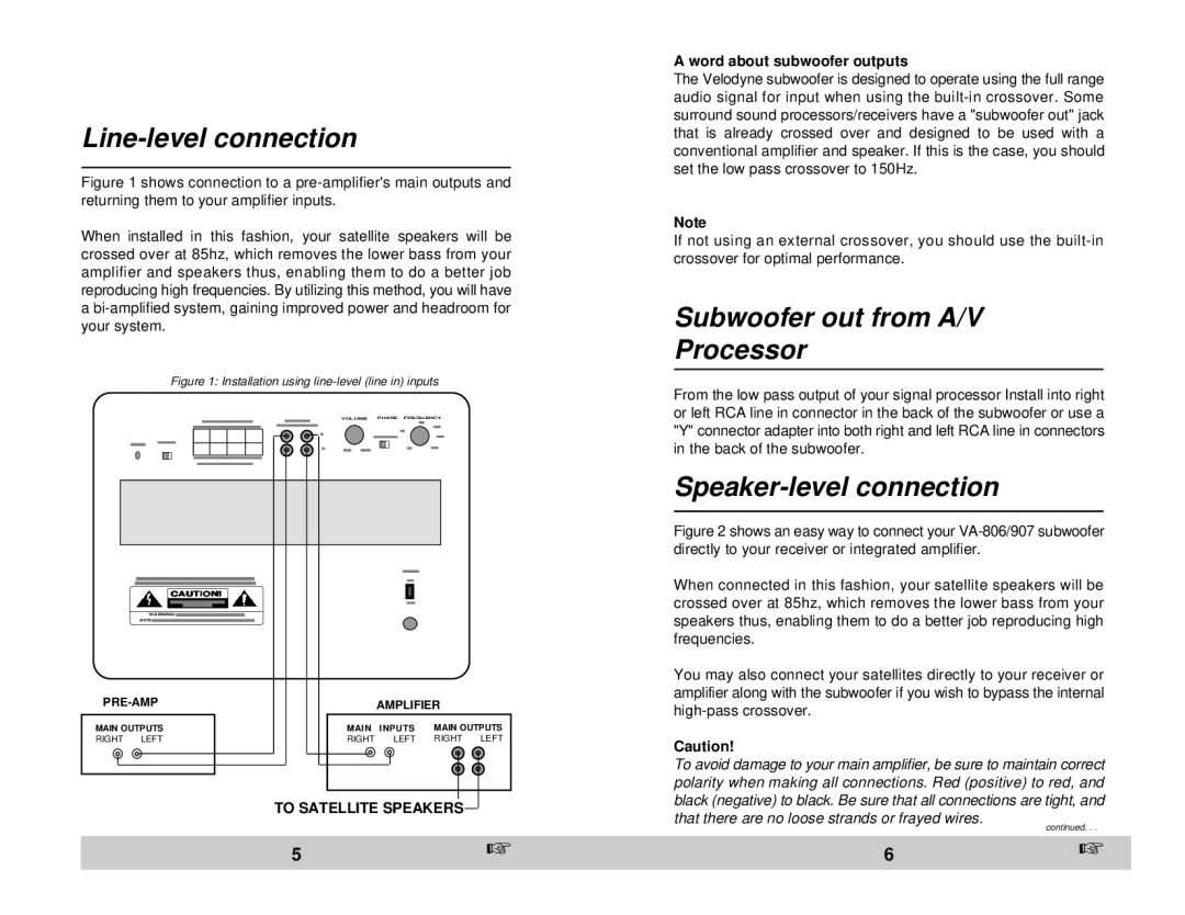 Velodyne Acoustics VA-806/907 Line-level connection, Subwoofer out from A/V Processor, Speaker-level connection 