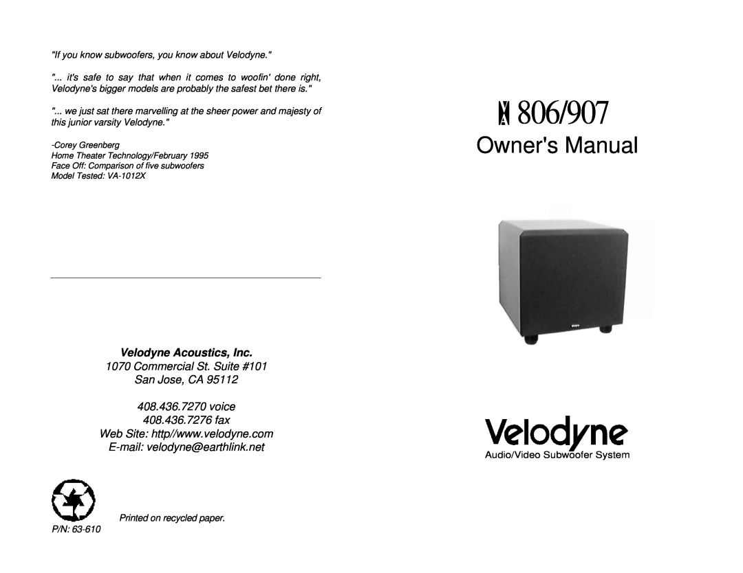 Velodyne Acoustics VA-806/907 owner manual Velodyne Acoustics, Inc, Commercial St. Suite #101 San Jose, CA 