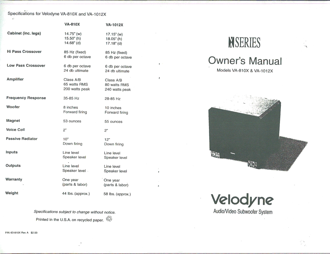 Velodyne Acoustics VA-1012X, VA-810X manual 