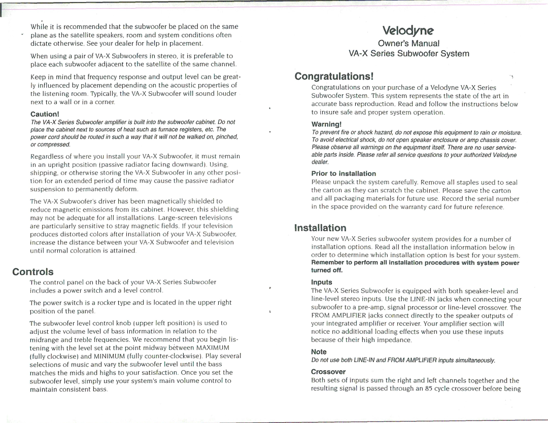 Velodyne Acoustics VA-810X, VA-1012X manual 