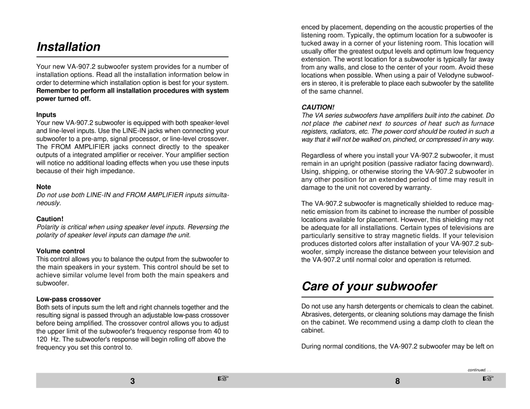 Velodyne Acoustics VA-907.2 owner manual Installation, Care of your subwoofer, Volume control, Low-pass crossover 