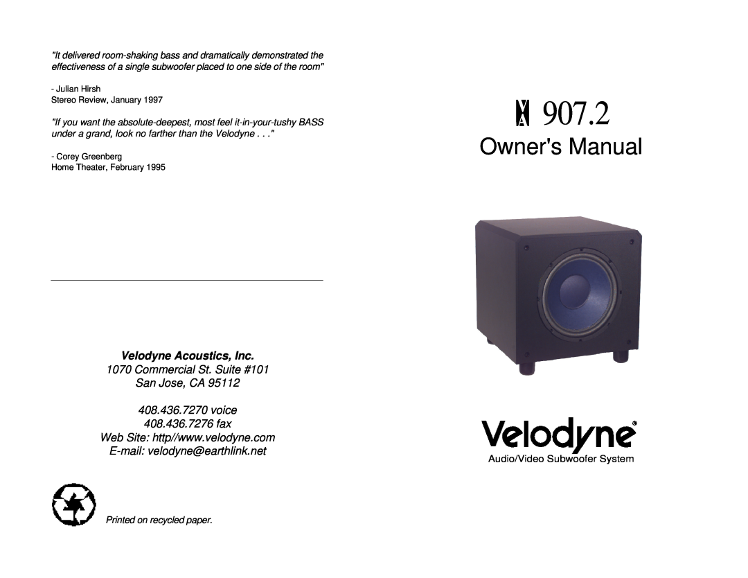 Velodyne Acoustics VA-907.2 owner manual Velodyne Acoustics, Inc, Commercial St. Suite #101 San Jose, CA 