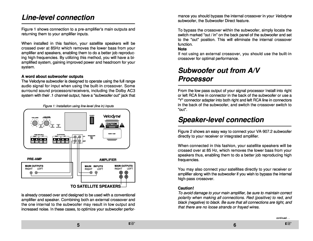 Velodyne Acoustics VA-907.2 owner manual Line-levelconnection, Subwoofer out from A/V Processor, Speaker-levelconnection 