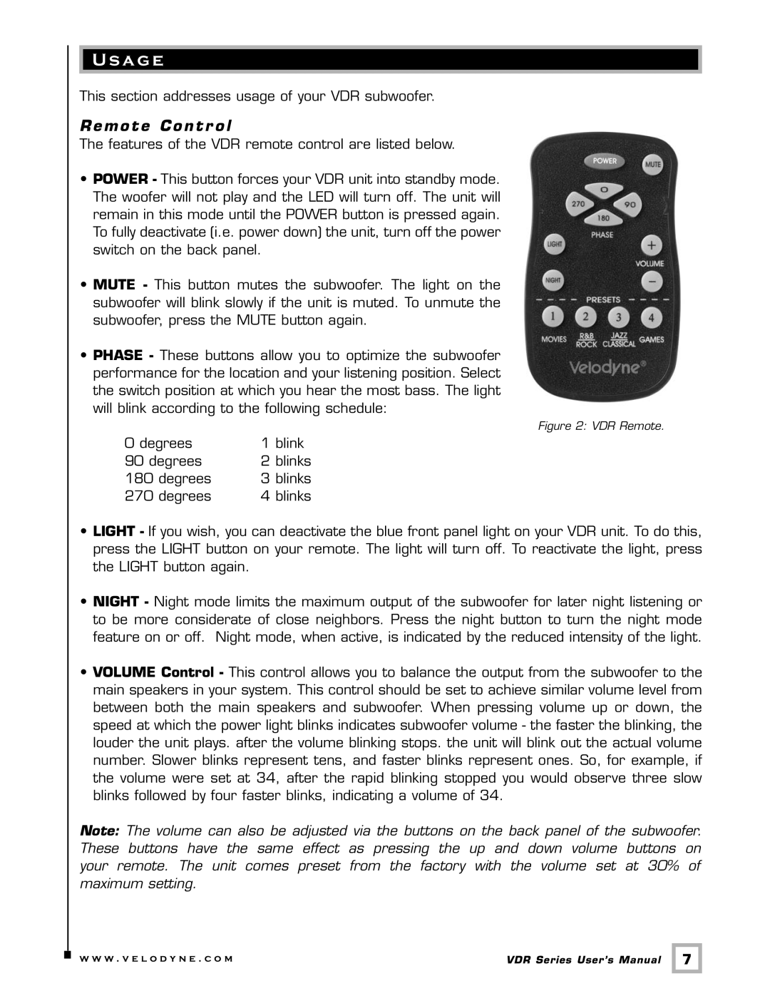 Velodyne Acoustics VDR-12, VDR-10 user manual A g e, Remote Contr ol 