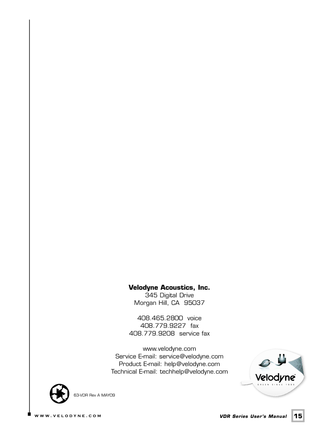 Velodyne Acoustics VDR-12, VDR-10 user manual Velodyne Acoustics, Inc 