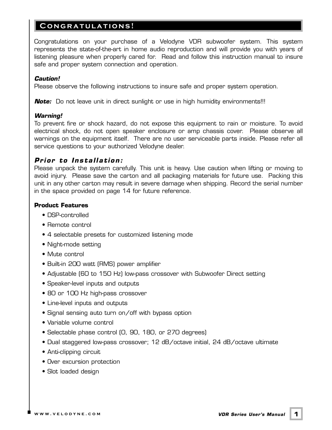 Velodyne Acoustics VDR-12, VDR-10 user manual N g r a t u l a t i o n s, Prior to Installation 