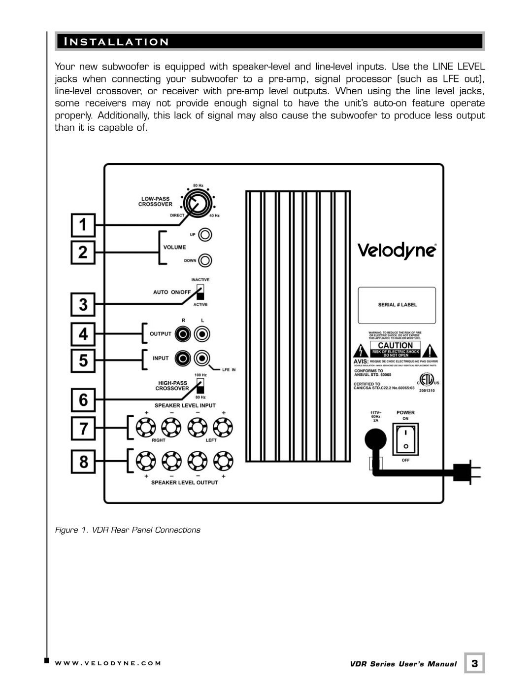 Velodyne Acoustics VDR-12, VDR-10 user manual S ta l l a t i o n, VDR Rear Panel Connections 