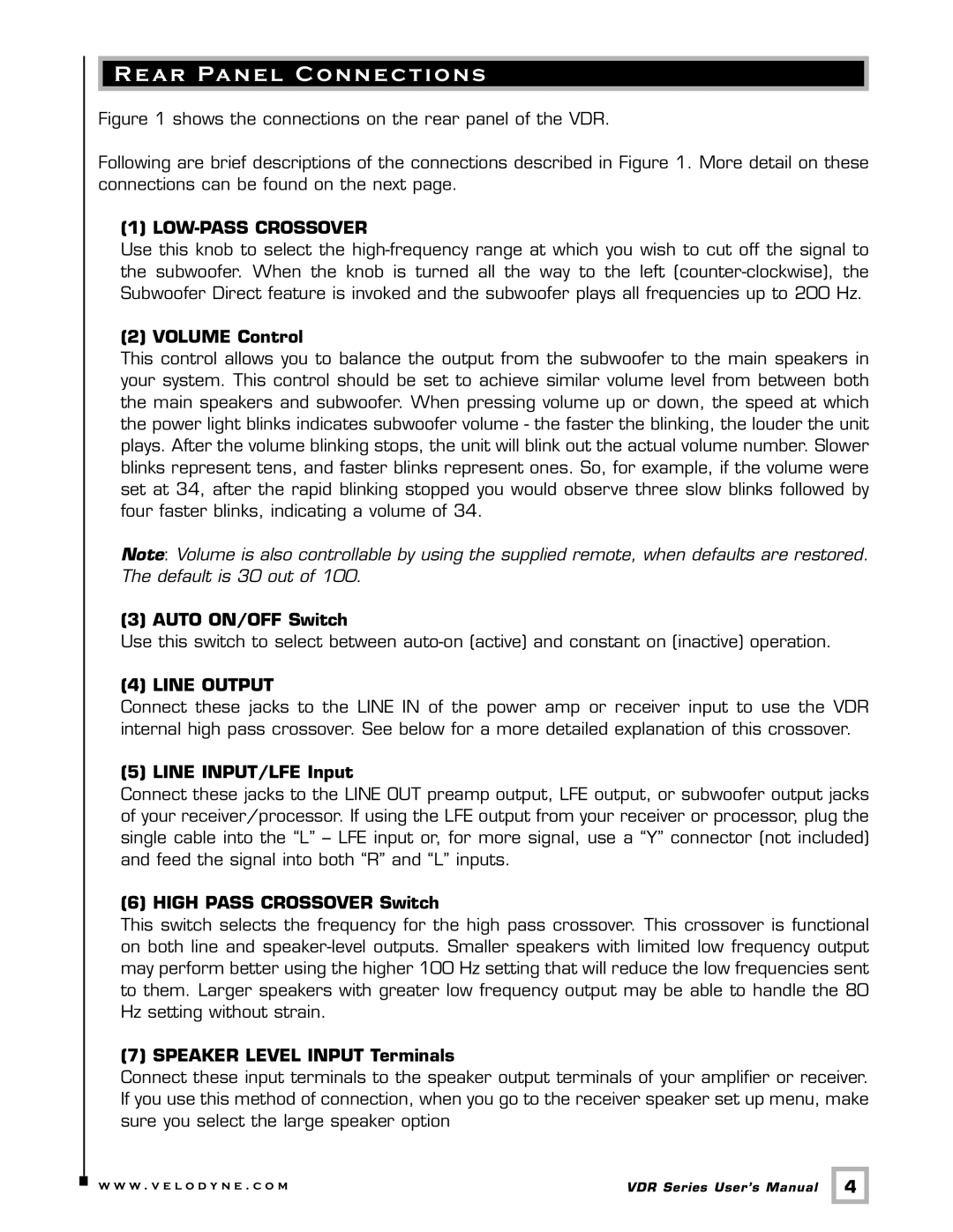 Velodyne Acoustics VDR-10, VDR-12 user manual Rear Panel Connections, LOW-PASS Crossover 