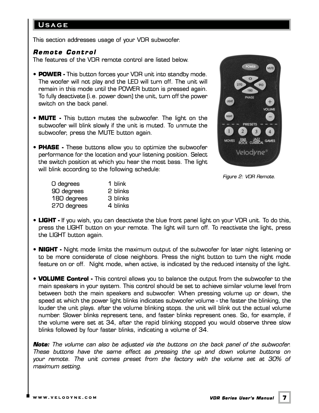 Velodyne Acoustics VDR-12, VDR-10 user manual U s a g e, Remote Contr ol 