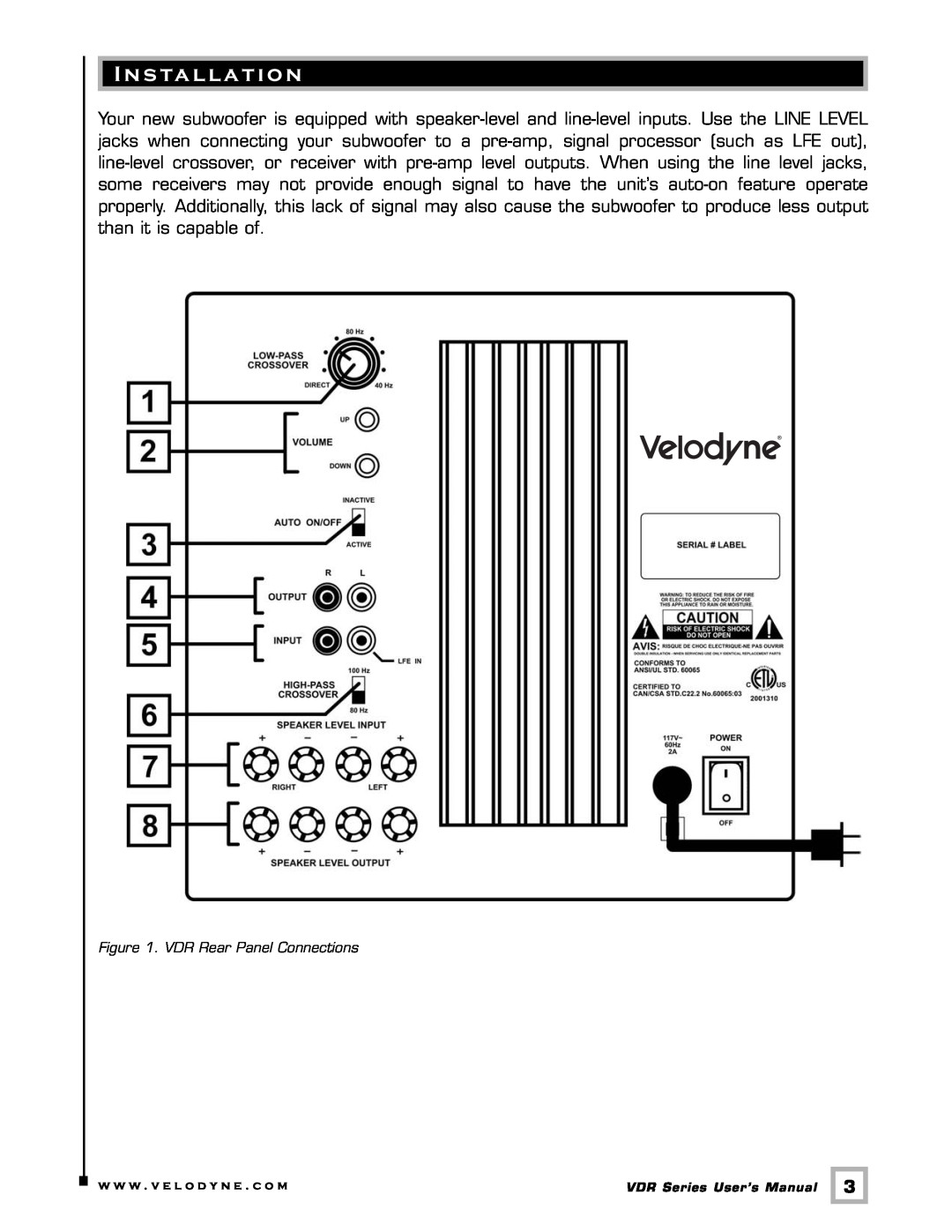 Velodyne Acoustics VDR-12, VDR-10 user manual I n s ta l l a t i o n, VDR Rear Panel Connections 