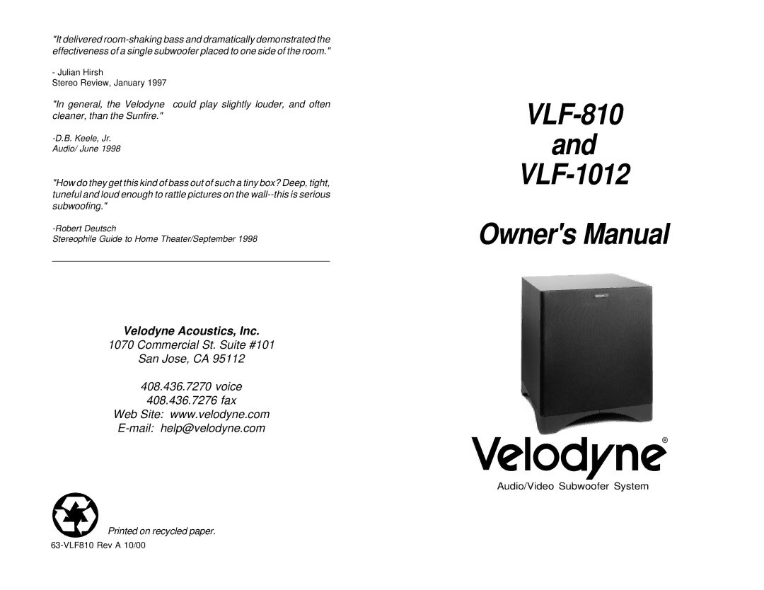 Velodyne Acoustics owner manual VLF-810 VLF-1012 