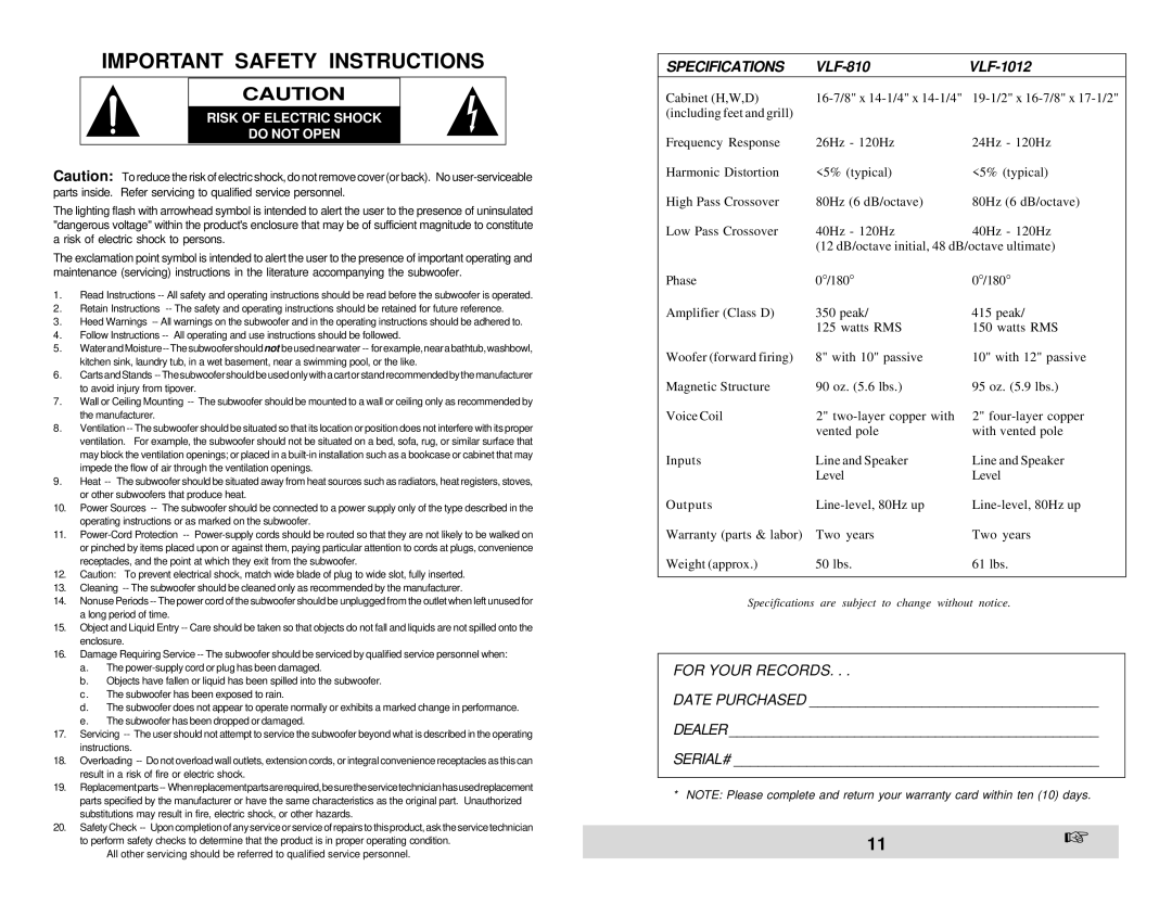 Velodyne Acoustics VLF-1012, VLF-810 owner manual Important Safety Instructions, Risk of Electric Shock Do not Open 