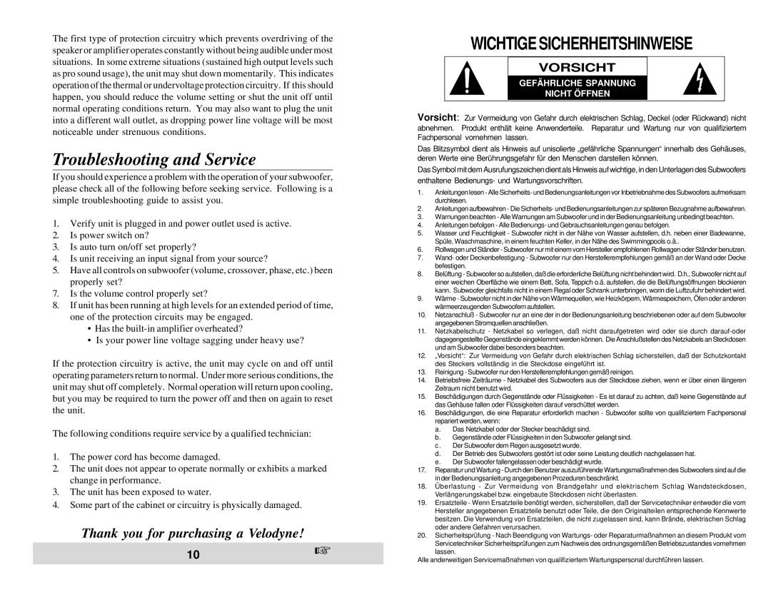 Velodyne Acoustics VLF-810, VLF-1012 owner manual Troubleshooting and Service, Vorsicht, Gefährliche Spannung Nicht Öffnen 