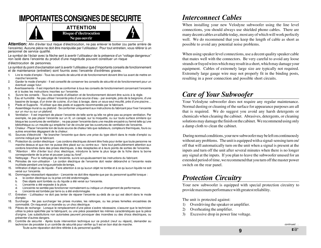 Velodyne Acoustics VLF-1012, VLF-810 owner manual Interconnect Cables, Care of Your Subwoofer, Protection Circuitry 