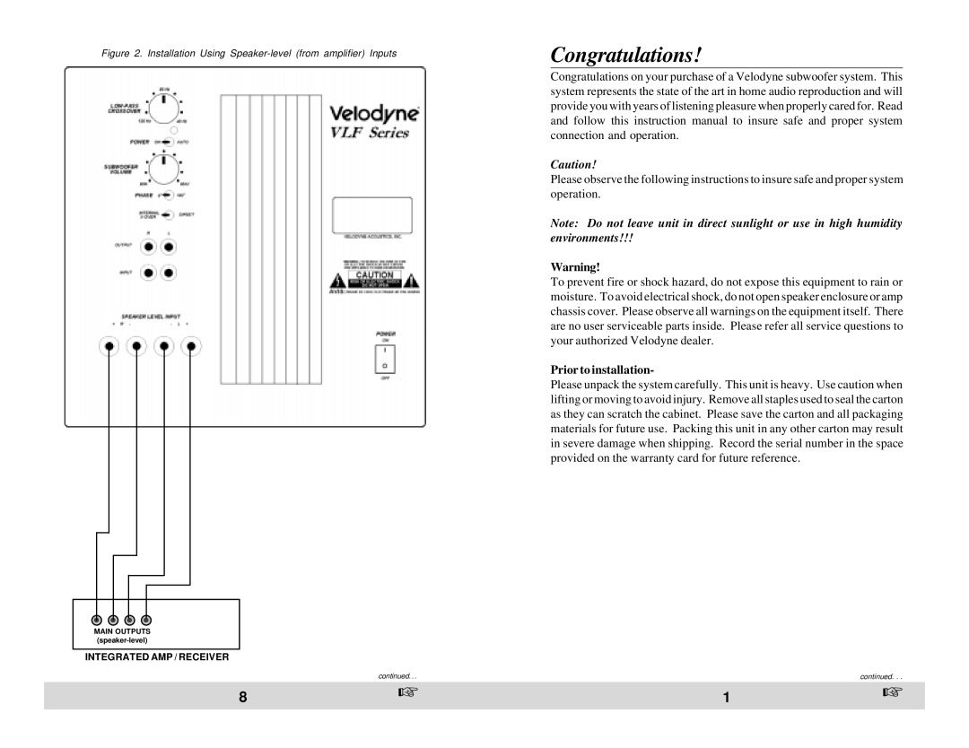 Velodyne Acoustics VLF-810, VLF-1012 owner manual Congratulations, Prior to installation 